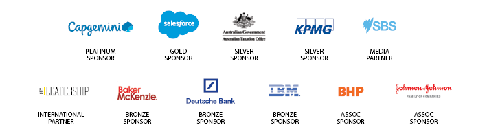 Image of all the sponsors, including Platinum Sponsor Capgemini, Gold sponsor Salesforce, Silver sponsors Australian Taxation Office and KPMG, Media Partner SBS, International Partner Out Leadership, Bronze Sponsors Baker Mckenzie, Deutsche Bank and IBM and Associate Sponsors BHP and Johnson and Johnson.